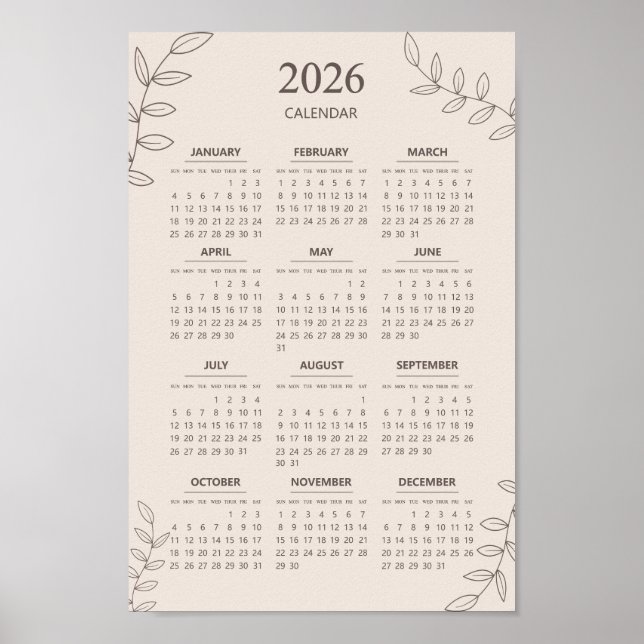 Poster Calendário Anual de 2026 Arte de Linha Floral Mini (Frente)