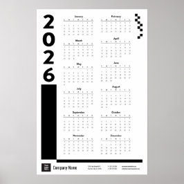 Poster Calendário Anual de Parede em Preto 2026 para Empr