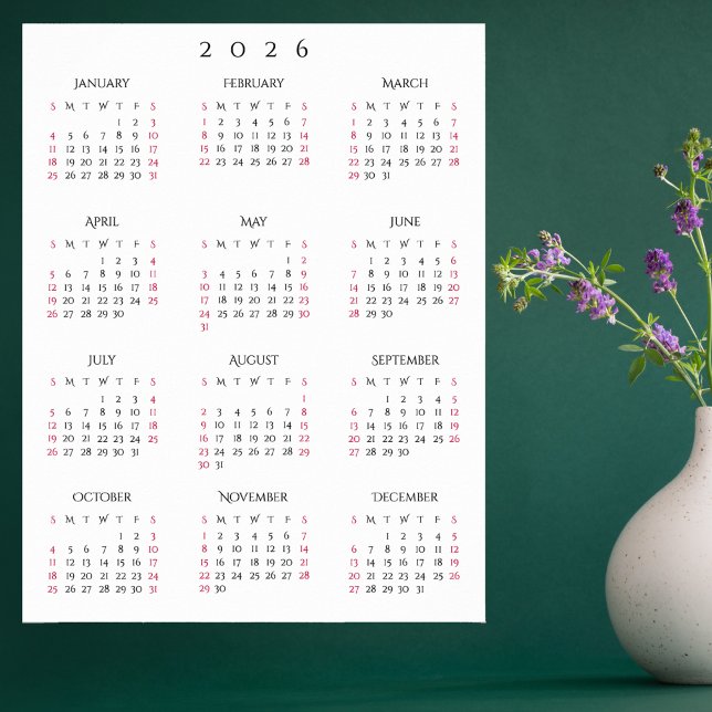 Poster Calendário Anual de Parede para Escritório em Casa (2026 Full Year Home Office Yearly Wall Calendar Poster)
