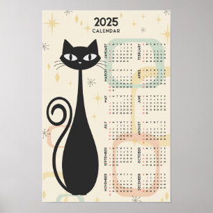 Poster Calendário Atômico Retro Gato Preto Meados do Sécu