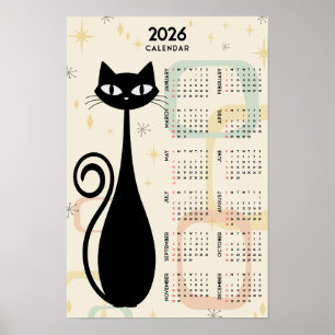 Poster Calendário Atômico Retro Gato Preto Meados do Sécu