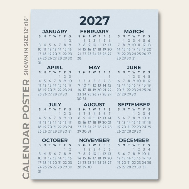 Poster Calendário Azul Empoeirado Simples Moderno 2027 (Criador carregado)