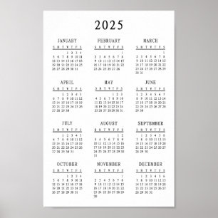 Poster Calendário Básico Clássico Preto e Branco 2025