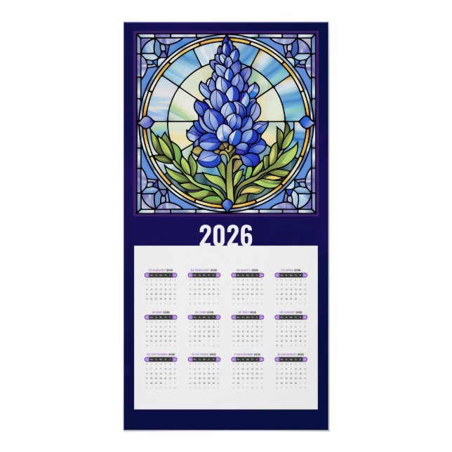 Póster Calendário Bluebonnet do Texas 2026 (Frente)