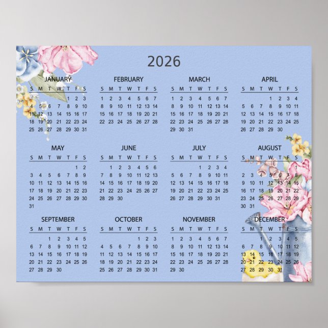 Poster Calendário Botânico Floral Simples e Elegante 2026 (Frente)