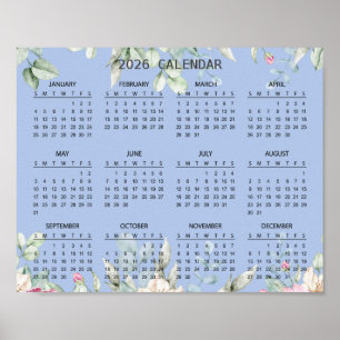Poster Calendário Botânico Floral Simples Elegante 2026