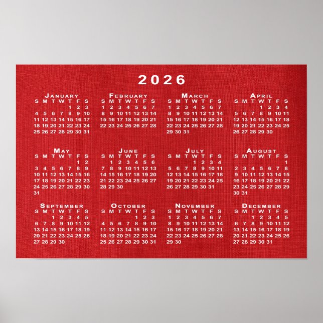 Poster Calendário Branco 2026 em Foto Personalizável (Frente)