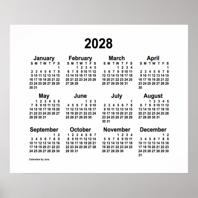 Poster Calendário Branco 2028 de Janz Print (Frente)