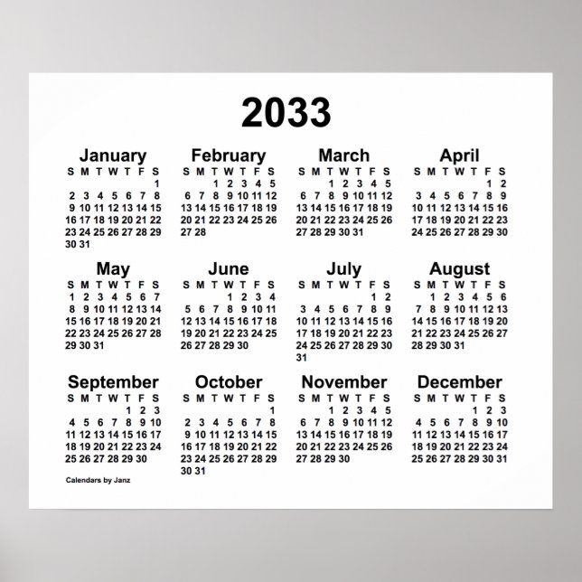 Poster Calendário Branco 2033 por Janz Print (Frente)