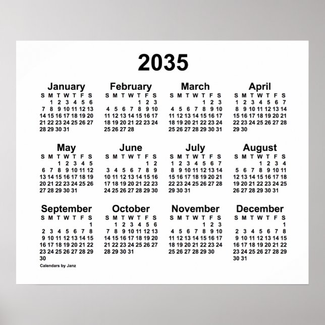 Poster Calendário Branco 2035 por Janz Print (Frente)