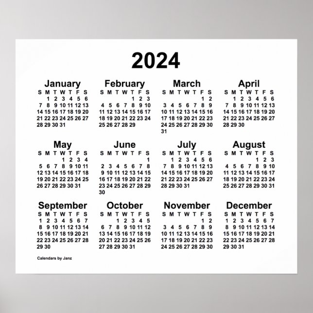 Poster Calendário Branco de Parede 2024 da Janz (Frente)