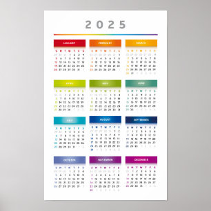 Poster Calendário Colorido 2025 - Cores Arco-Íris 3 Colun