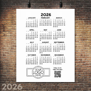 Poster Calendário com logotipo e código QR - Branco preto