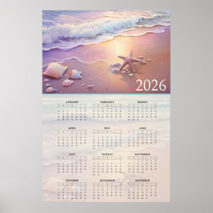 Poster Calendário Costa Pastel 2026 com Conchas 