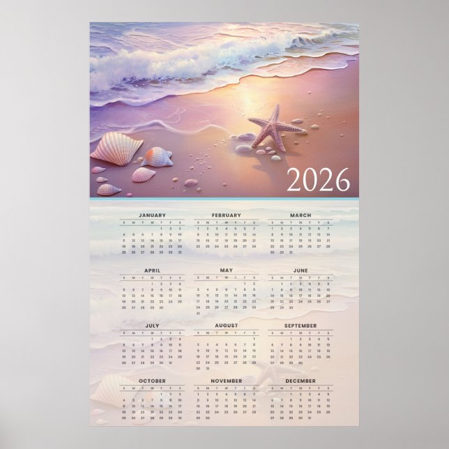 Poster Calendário Costa Pastel 2026 com Conchas  (Frente)
