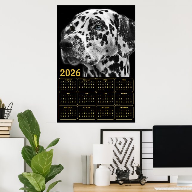 Poster Calendário Dálmata 2026 – Elegância Preto e Branco (Escritório em casa)