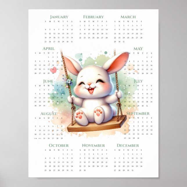 Poster Calendário de 1 Página de 2026 Coelhinho Fofo no B (Frente)