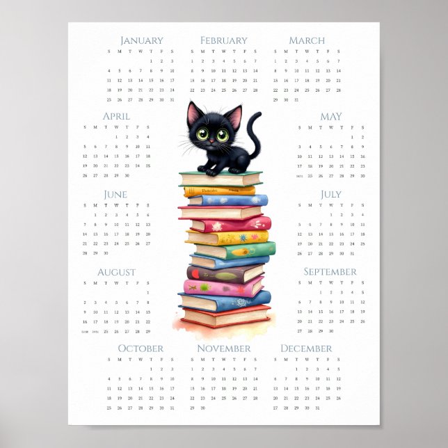 Poster Calendário de 1 página de 2026 com Livros e Gatinh (Frente)