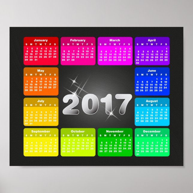 Poster Calendário de 2017 em cores vibrantes de arco-íris (Frente)
