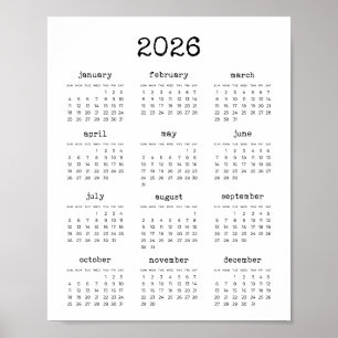 Poster Calendário de 2022 com fonte minimalista de máqu