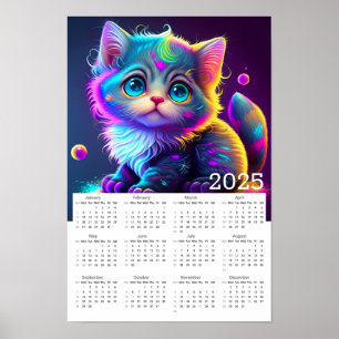 Poster Calendário de 2025 do Gatinho Colorido Neon Animad