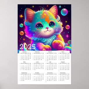 Poster Calendário de 2025 do Gatinho Colorido Neon Animad