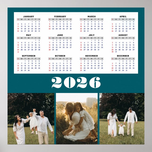 Poster Calendário de 2026 com Fundo Azul-Verde (Frente)