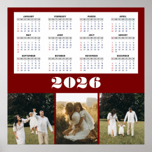 Poster Calendário de 2026 com Fundo Borgonha