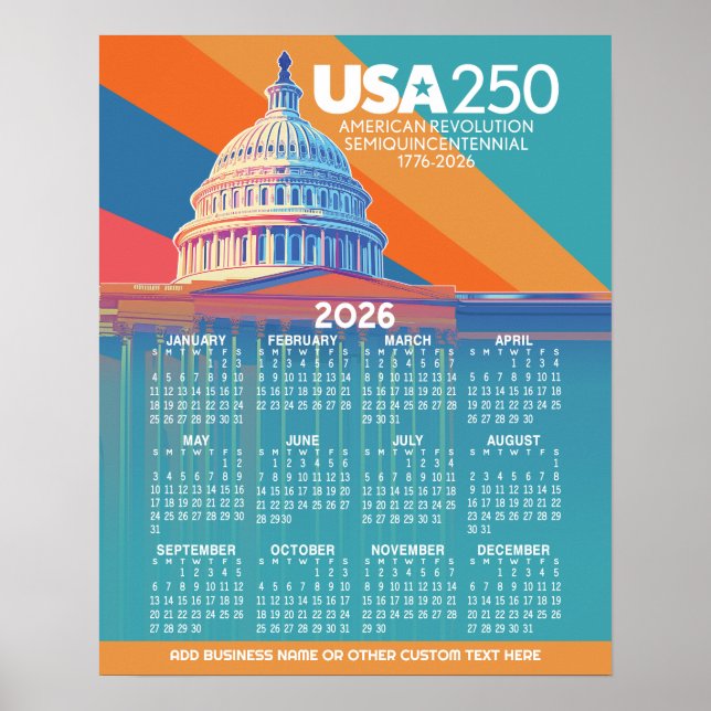 Poster Calendário de 2026 com USA 250 Cúpula do Capitólio (Frente)
