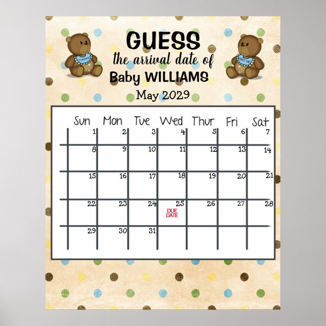 Poster Calendário de Adivinhação da Data de Parto com Urs (Frente)