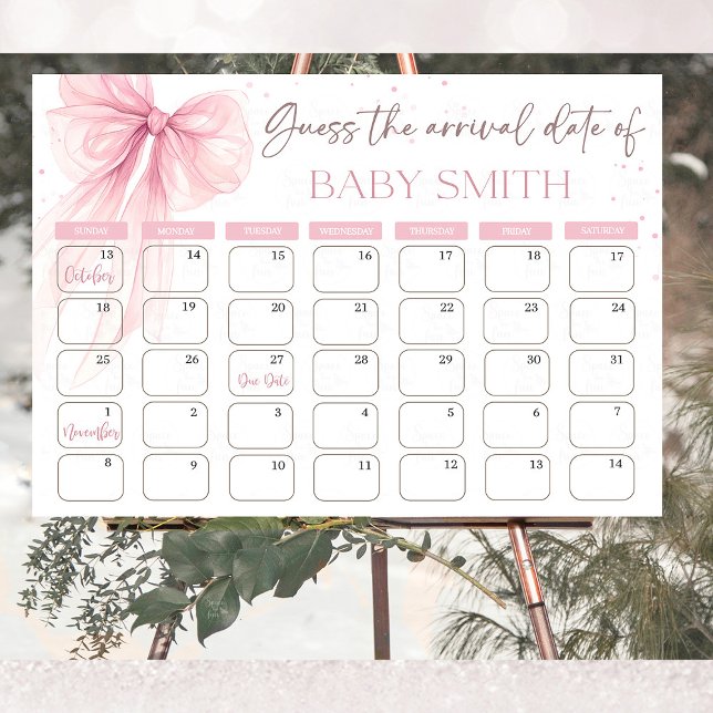 Poster Calendário de Adivinhação da Data Provável Bow Pin (Chic Bow Pink Coquette baby shower "Guess the Due Date" calendar, featuring delicate pink bows and e)