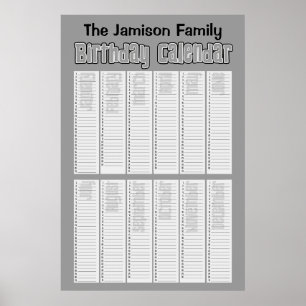 Póster Calendário de Aniversário Perpétuo Personalizado