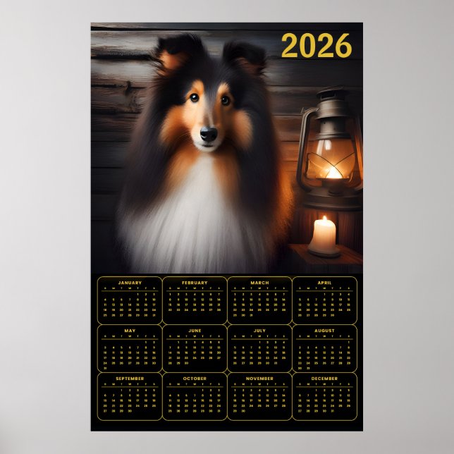 Poster Calendário de Cachorro Rústico Lanterna Shetland S (Frente)