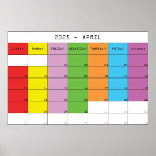 Poster Calendário de dias coloridos de abril de 2025