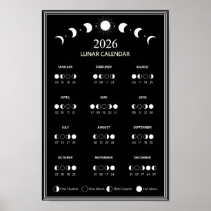 Poster Calendário de Fase Lunar de 2026 Ciclos Lunares Mi