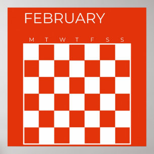 Poster Calendário de fevereiro Checkered Branco Vermelho 
