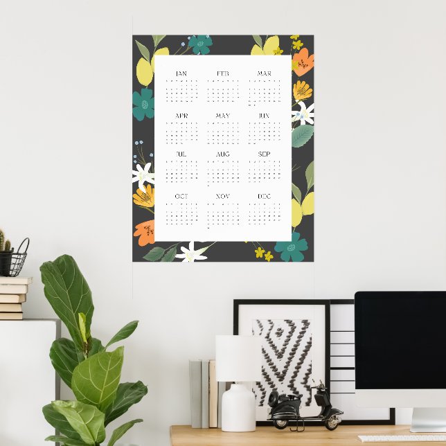Poster Calendário de Flores Silvestres de Carvão Tendênci (Escritório em casa)