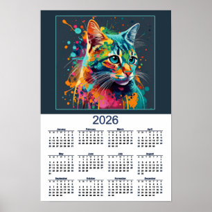 Poster Calendário de Gato Bonito Aquarela Gato