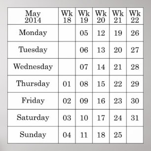 Poster Calendário de Maio de 2014 semanas numeradas