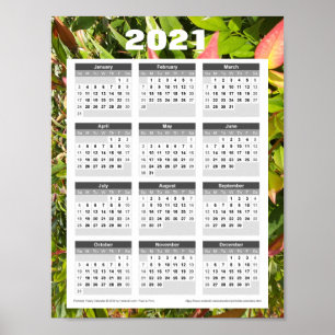 Poster Calendário de Parede 2021. Folhas verdes