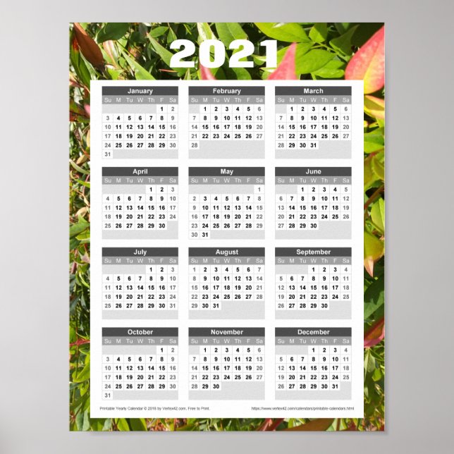 Poster Calendário de Parede 2021. Folhas Verdes (Frente)