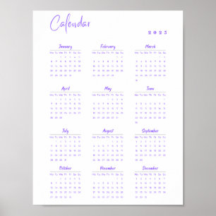 Poster Calendário de Parede 2025 Mínimo Roxo de Segunda a