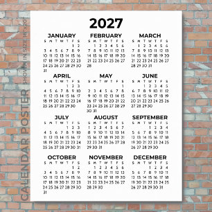 Poster Calendário de Parede 2027 Simples Básico Preto e B