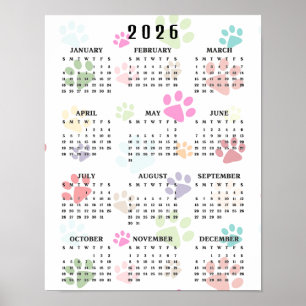 Poster Calendário de Parede Colorido Patas 2026