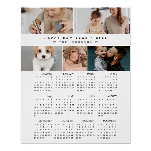 Póster Calendário de Parede com Colagem de Fotos Moderno  (Frente)