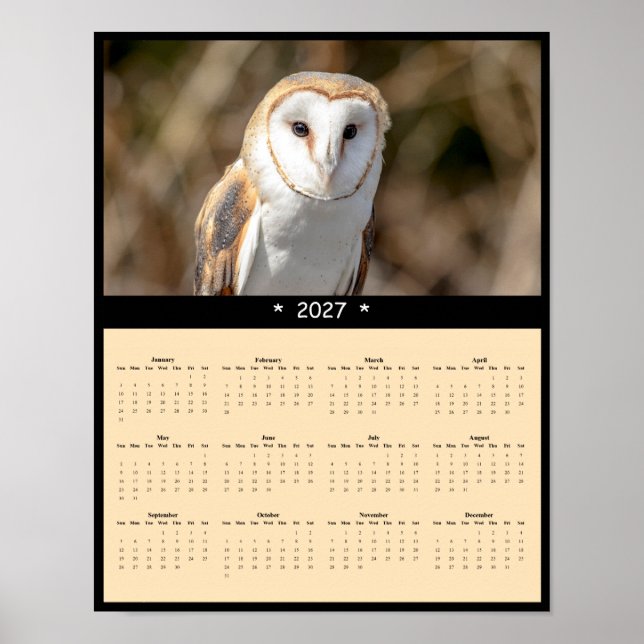 Poster Calendário de Parede da Coruja-Barn 2027 - Caçador (Frente)