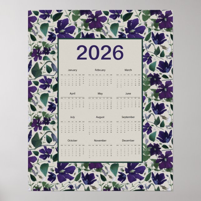 Poster Calendário de Parede de Flores de Clematite Roxa 2 (Frente)
