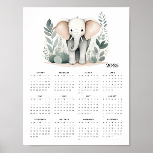 Poster Calendário de Parede do Elefante Boho 2025 Minimal