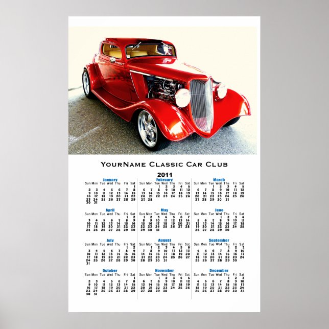 Póster Calendário de Parede do Vintage Collector Car Club (Frente)