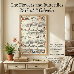 Poster Calendário de parede Flores e borboletas 2027